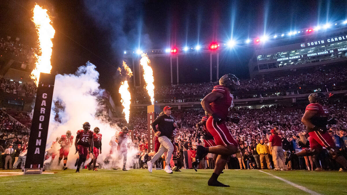 South Carolina Gamecocks head coach Shane Beamer and his team enter the field at Williams-Brice Stadium in Columbia, SC on Oct. 22.