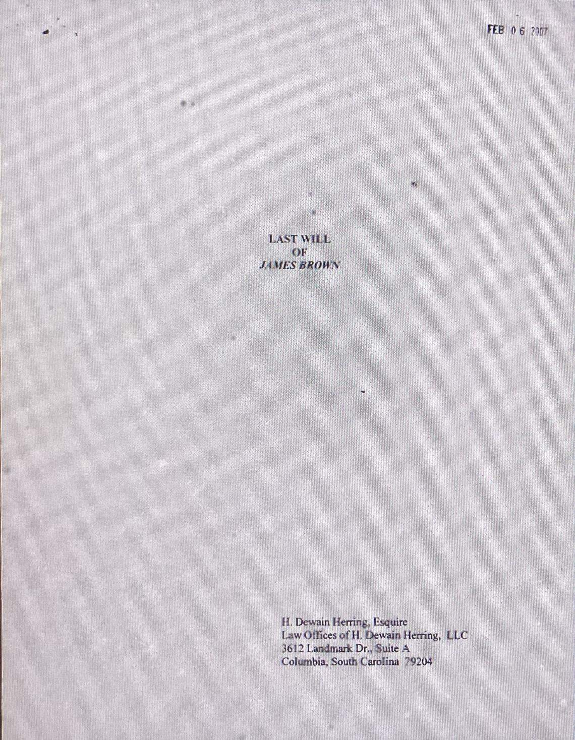 Cover page to the last will of James Brown