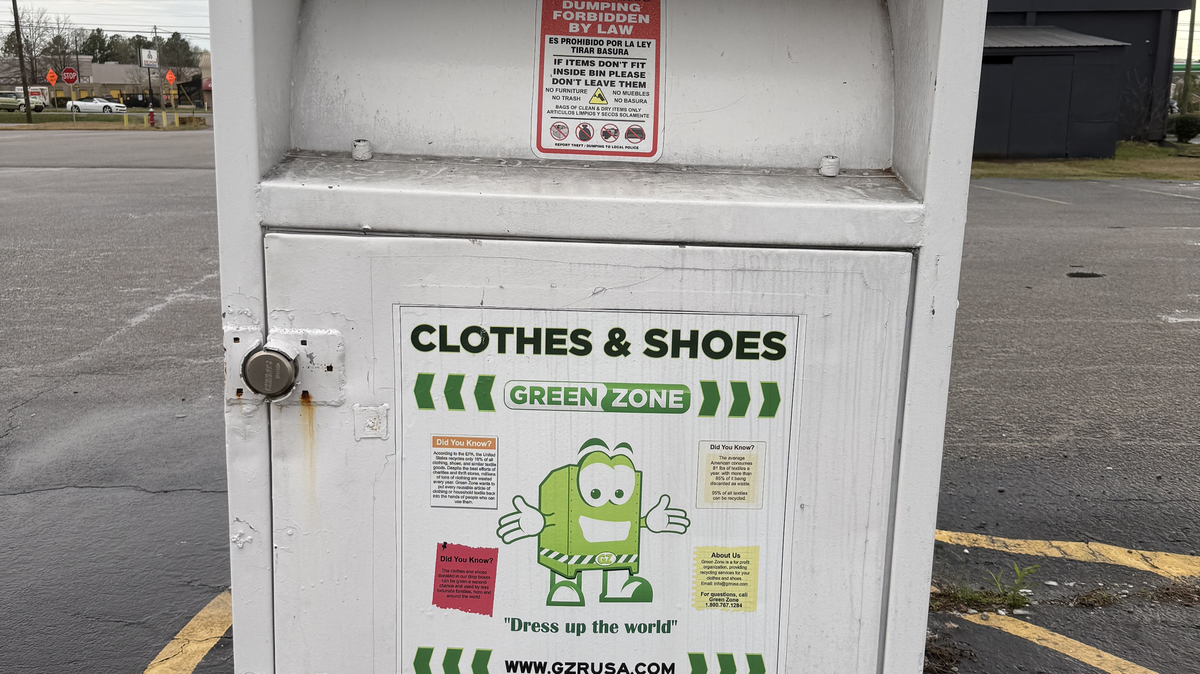 A Green Zone clothing recycling bin on Garners Ferry Rd.
