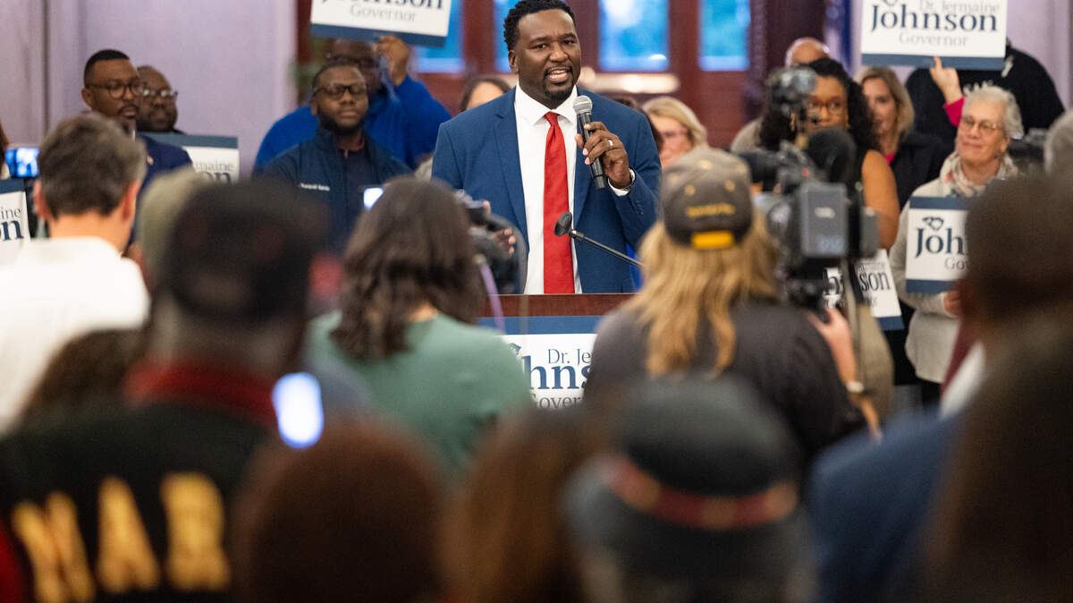 Representative Dr. Jermaine Johnson announces his bid for South Carolina governor in the Statehouse Lobby on Tuesday, October 28, 2025.