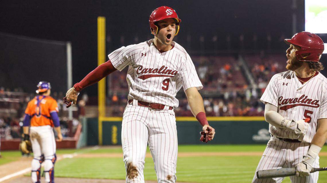 South Carolina infielder Will Craddock (9) celebrates after scoring during South Carolina’s game against Clemson in Columbia on Friday, February 27, 2026.