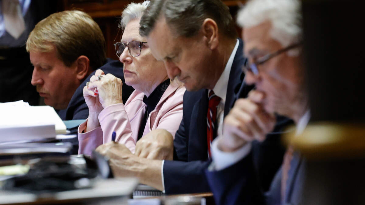 State Senators Shane Martin, R-Spartanburg, Katrina Shealy, R-Lexington, Sen. Tom Davis, R-Beaufort and Sen. Larry Grooms, R-Berkeley listen during debate concerning the ban on abortion in the South Carolina Senate chamber on Thursday Sept. 08, 2022.