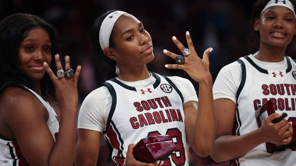 South Carolina guard Bree Hall (23) shows off her SEC and Final Four rings at Colonial Life Arena on Sunday, November 12, 2023.