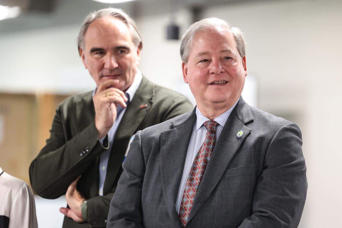 Oliver Wollinski, chief production officer at Scout Motors, left, and Harry Lightsey, III, SC secretary of commerce attend at the Cornerstone Economic Development and Workforce Training Center at Midlands Technical College. The center is being used to screen applicants for Scout Motors.