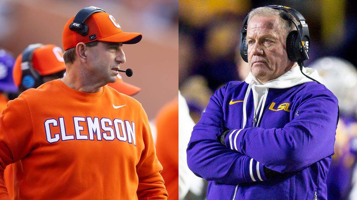 Clemson football coach Dabo Swinney (left) and LSU coach Brian Kelly (right)