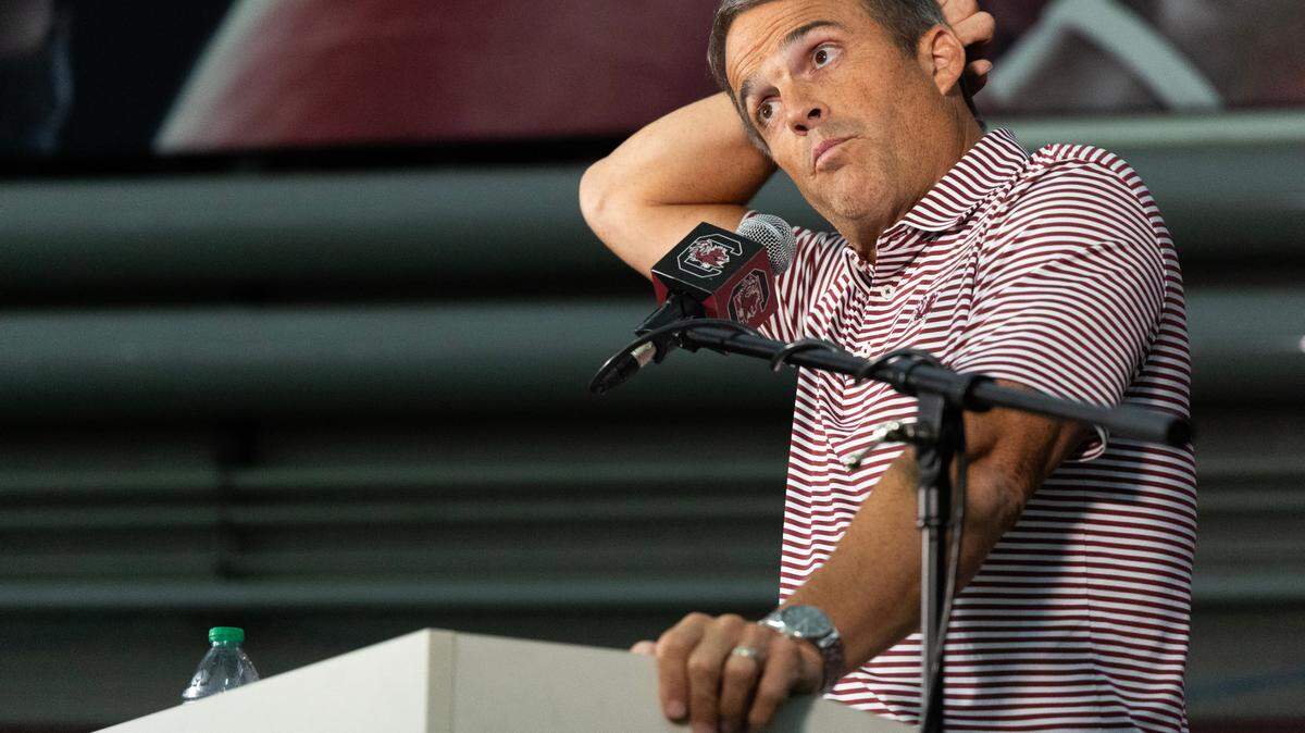 South Carolina Gamecocks head coach Shane Beamer speaks to media on Thursday, August 3, 2023.