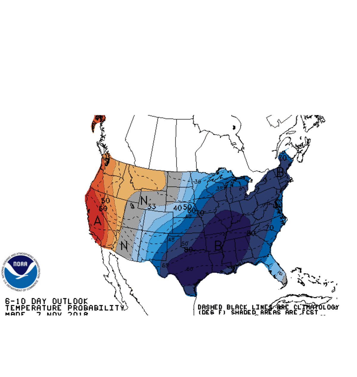 The National Weather Service predicts temperatures will be colder than normal for most of the east coast.