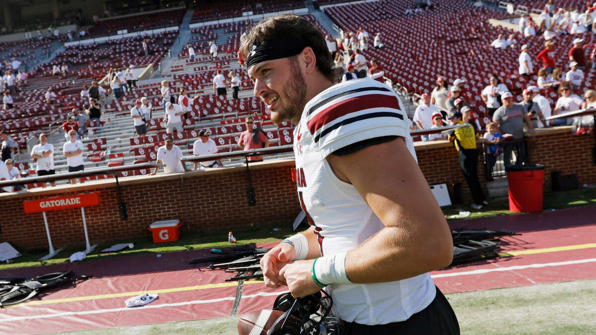 South Carolina’s Davis Beville leaves the field after a win against Oklahoma, Saturday, Oct. 19, 2024, at Gaylord Family - Oklahoma Memorial Stadium in Norman, Okla. South Carolina won 35-9.