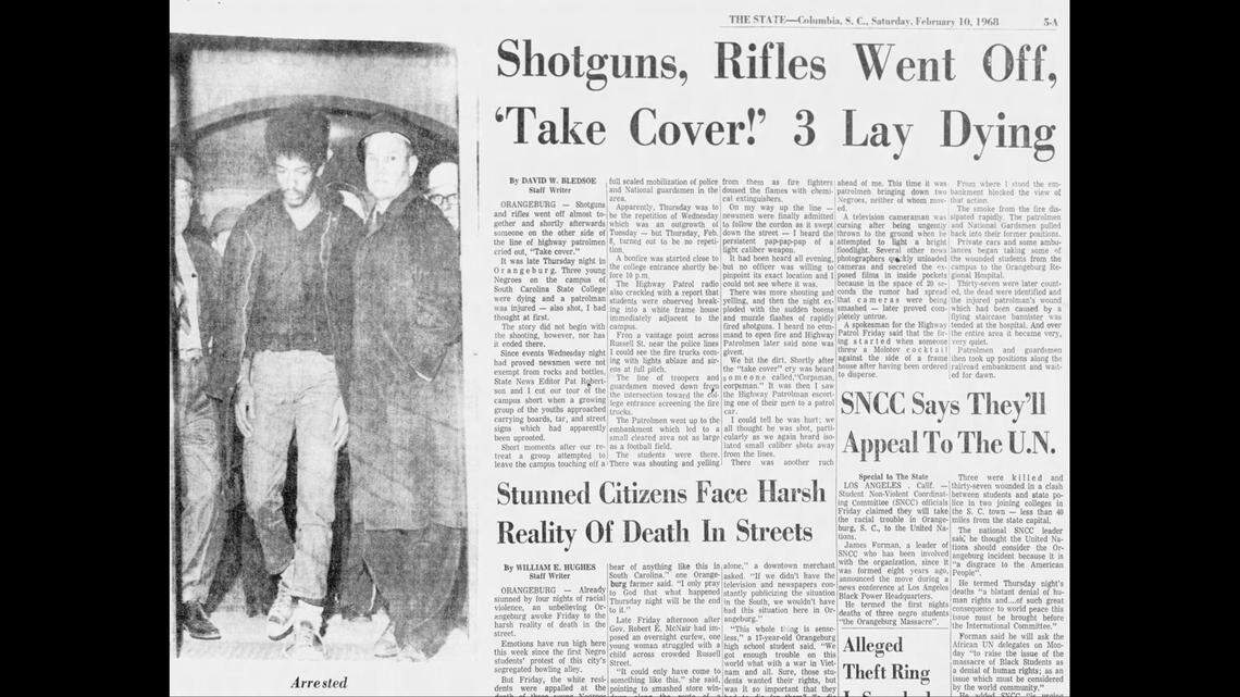 A newspaper clipping from The State in 1965 details the first shooting by police on a college campus at S.C. State University on Feb. 8, 1968.