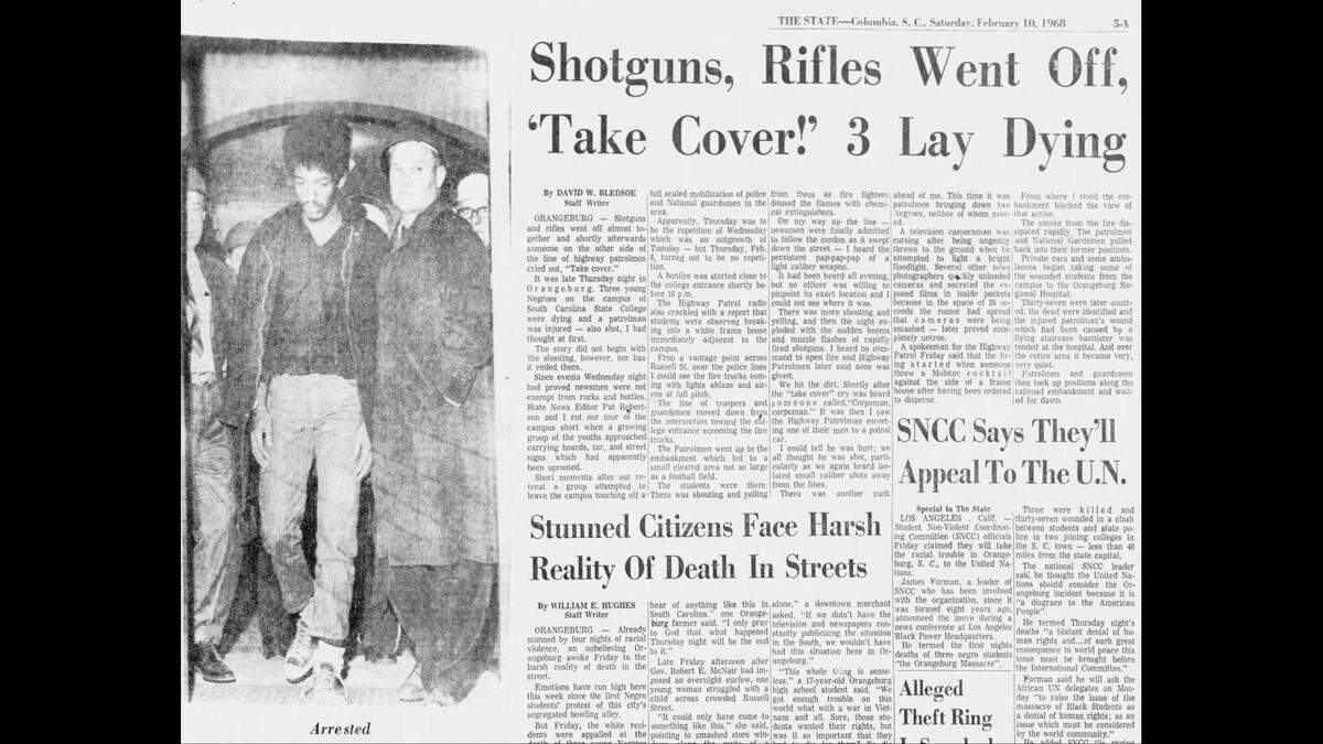 A newspaper clipping from The State in 1965 details the first shooting by police on a college campus at S.C. State University on Feb. 8, 1968.