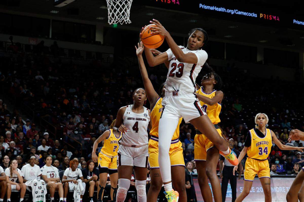 South Carolina’s Bree Hall (23) pulls down a rebound as The University of South Carolina Women’s basketball team hosts Benedict College in an exhibition game at the Colonial Life Arena on Monday Oct. 31, 2022.