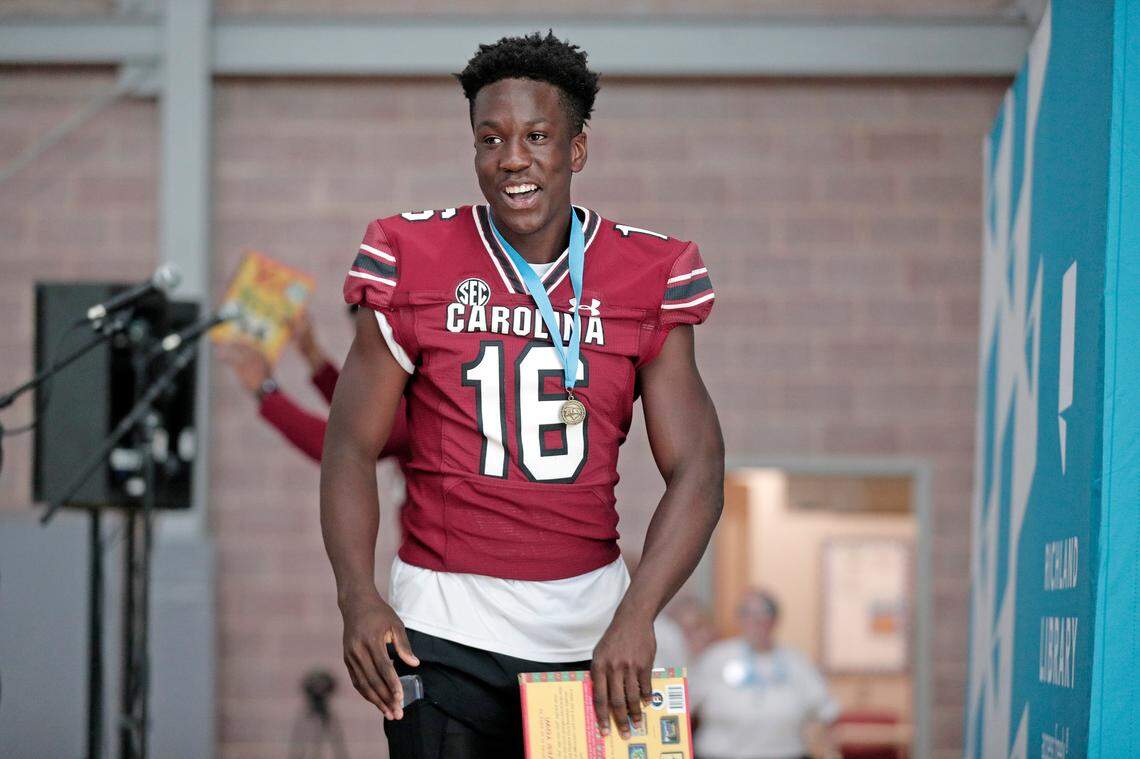Vicari Swain and the University of South Carolina football team freshmen took part in the annual Pigskin Poets reading event Friday, July 21, 2023 at the Drew Wellness Center in Columbia.