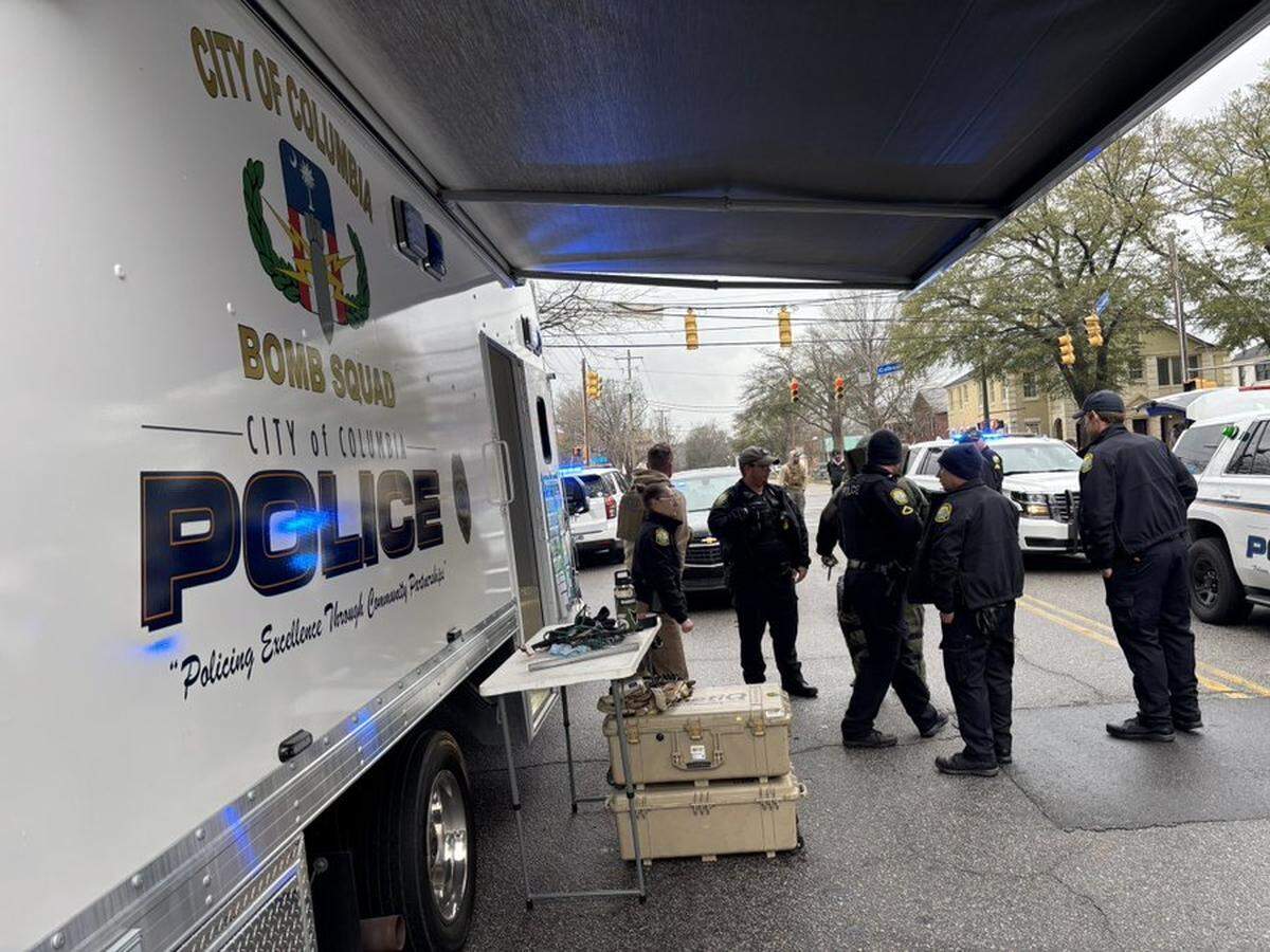 Members of the Columbia Police Department Bomb Squad respond to a call about a suspicious package.
