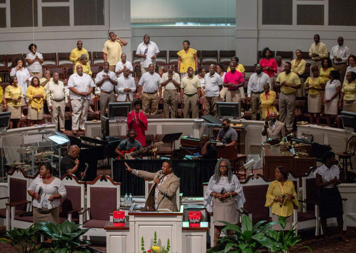 The Charles B. Jackson Singers of Brookland Baptist Church perform during the service in West Columbia, SC.