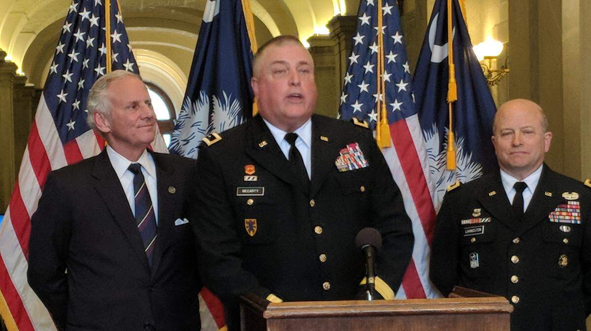 Maj. Gen. Van McCarty is introduced Thursday, Jan. 17, 2019, as South Carolina’s new adjutant general. Gov. Henry McMaster, left, has nominated McCarty to replace Maj. Gen. Robert Livingston as adjutant general. If confirmed by the state Senate, McCarty would be the state’s first appointed adjutant general. Until 2014, South Carolina voters picked the adjutant general.