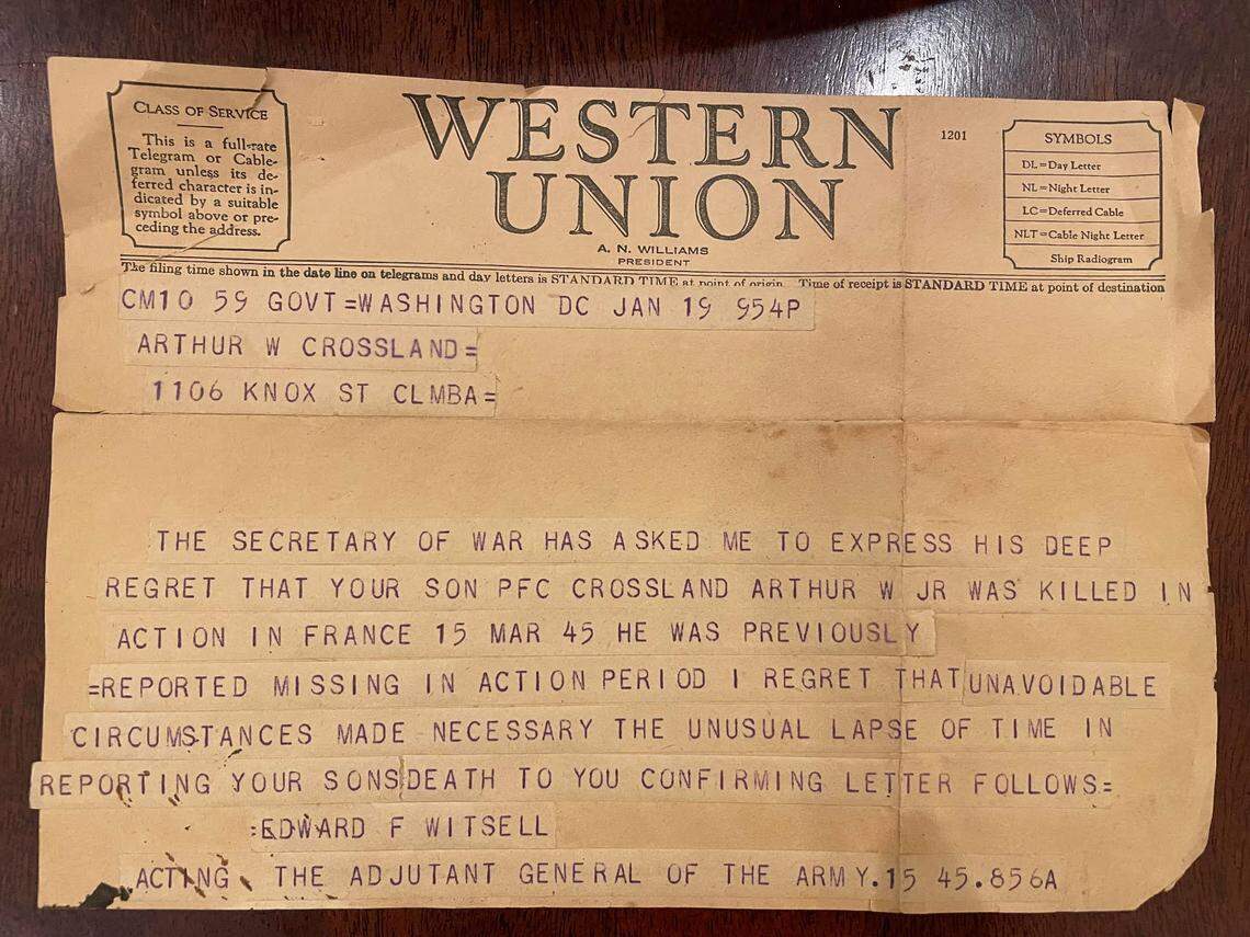A telegram sent in 1946 to the family of U.S. Army Pvt. 1st Class Arthur W. Crossland Jr.