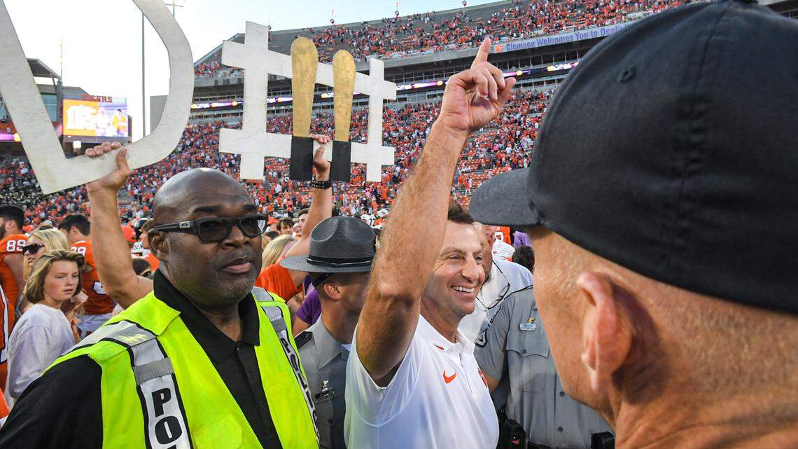Oct 7, 2023; Clemson, South Carolina, USA; Clemson Tigers head coach Dabo Swinney reacts after defeating the Wake Forest Demon Deacons at Memorial Stadium. Mandatory Credit: Ken Ruinard-USA TODAY Sports