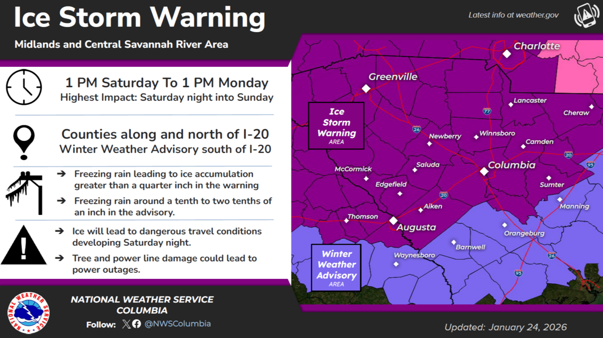 An ice storm warning remains in effect for Columbia as a winter storm approaches the Midlands, according to the National Weather Service.