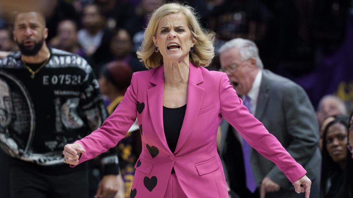 LSU head coach Kim Mulkey reacts during the second half of an NCAA basketball game against South Carolina Saturday, Feb. 14, 2026, at Pete Maravich Assembly Center in Baton Rouge, La. 