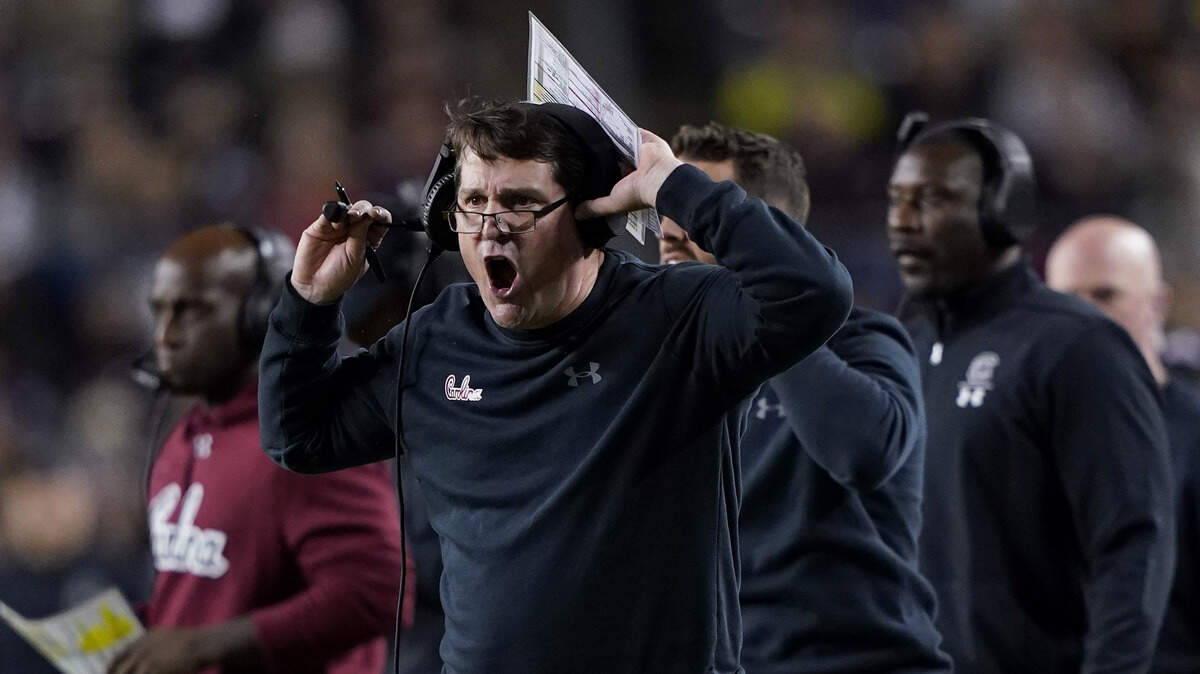 South Carolina coach Will Muschamp yells to the officials during the first quarter of an NCAA college football game against Texas A&M Saturday, Nov. 16, 2019, in College Station, Texas. (AP Photo/David J. Phillip)