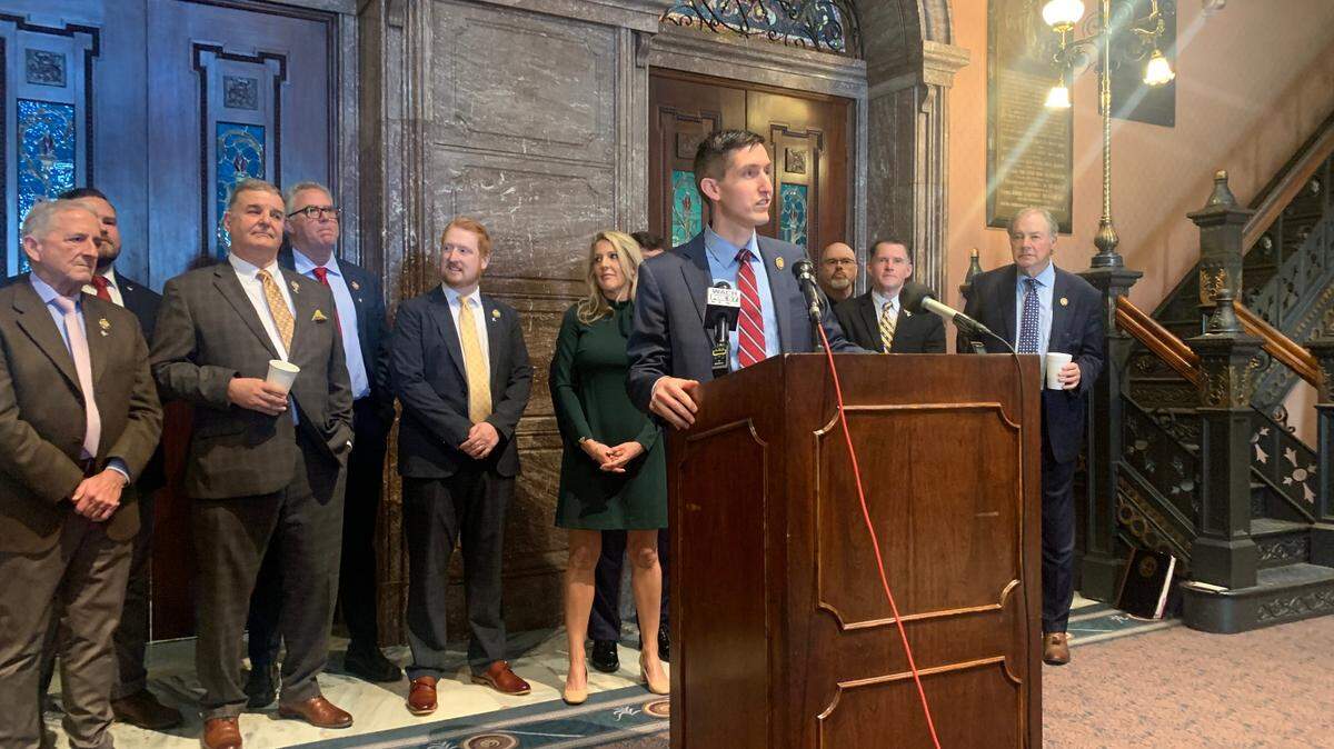 State Rep. Adam Morgan, R-Greenville, who is chairman of the House Freedom Caucus, discusses a lawsuit filed by the caucus against the House Ethics Committee on Tuesday, Feb. 28, 2023.