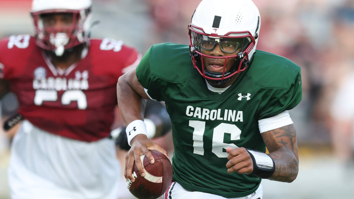 South Carolina quarterback LaNorris Sellers (16) looks to pass during the Gamecocks’ Garnet & Black game at Williams-Brice Stadium in Columbia on Saturday, April 20, 2024.
