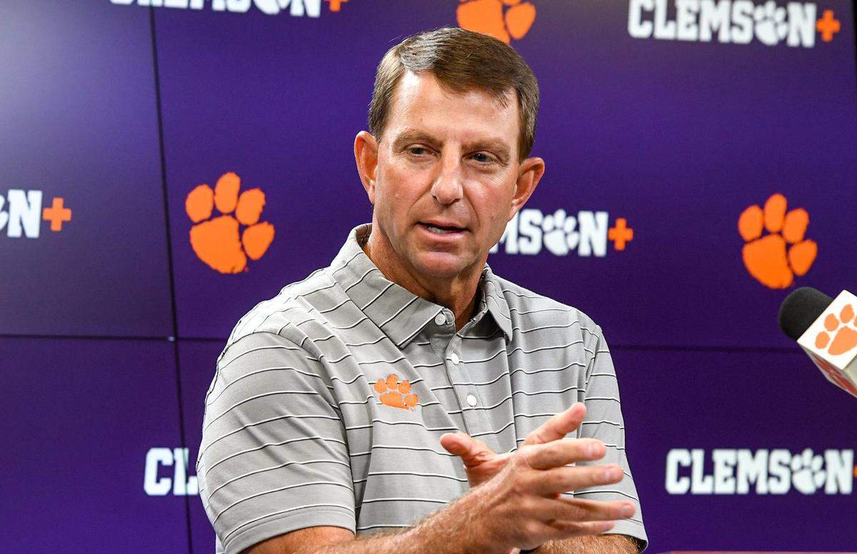 Clemson head coach Dabo Swinney speaks during a mid-week press conference at the Smart Family Media Center in Clemson, S.C. Tuesday, September 3, 2024.
