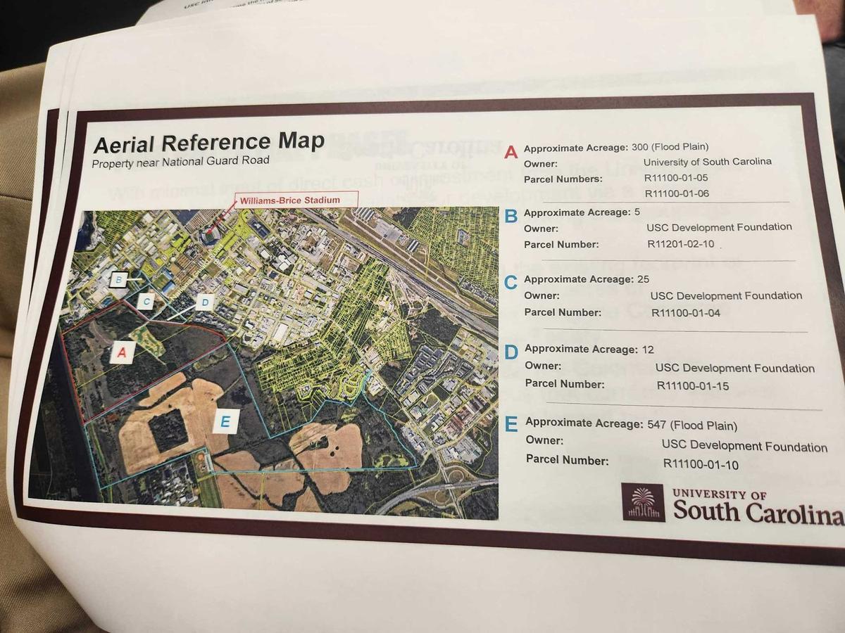An aerial reference map of the properties near Williams-Brice Stadium that USC is hoping to develop.