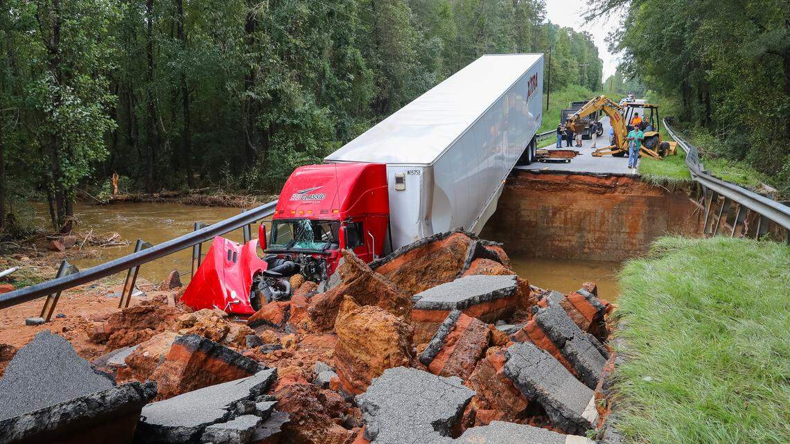 An 18-wheeler plunged into a washed-out portion of Highway 145 in Chesterfield County in South Carolina. The driver was not injured, according to the sheriff’s department. Floodwaters from Hurricane Florence washed the road out. The wreck occurred around 6:30 a.m. Monday, neighbors said.