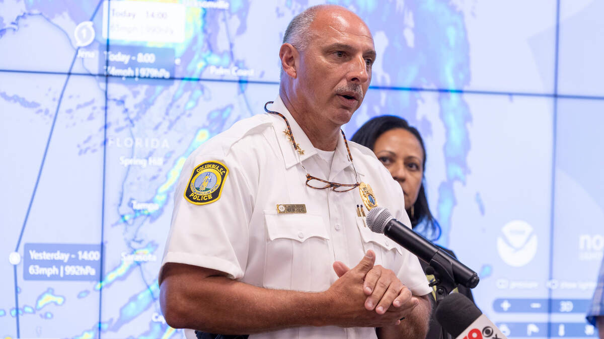 Columbia Police Chief Skip Holbrook speaks during a press conference at the Columbia Emergency Operations Center on Monday, August. 5, 2024.