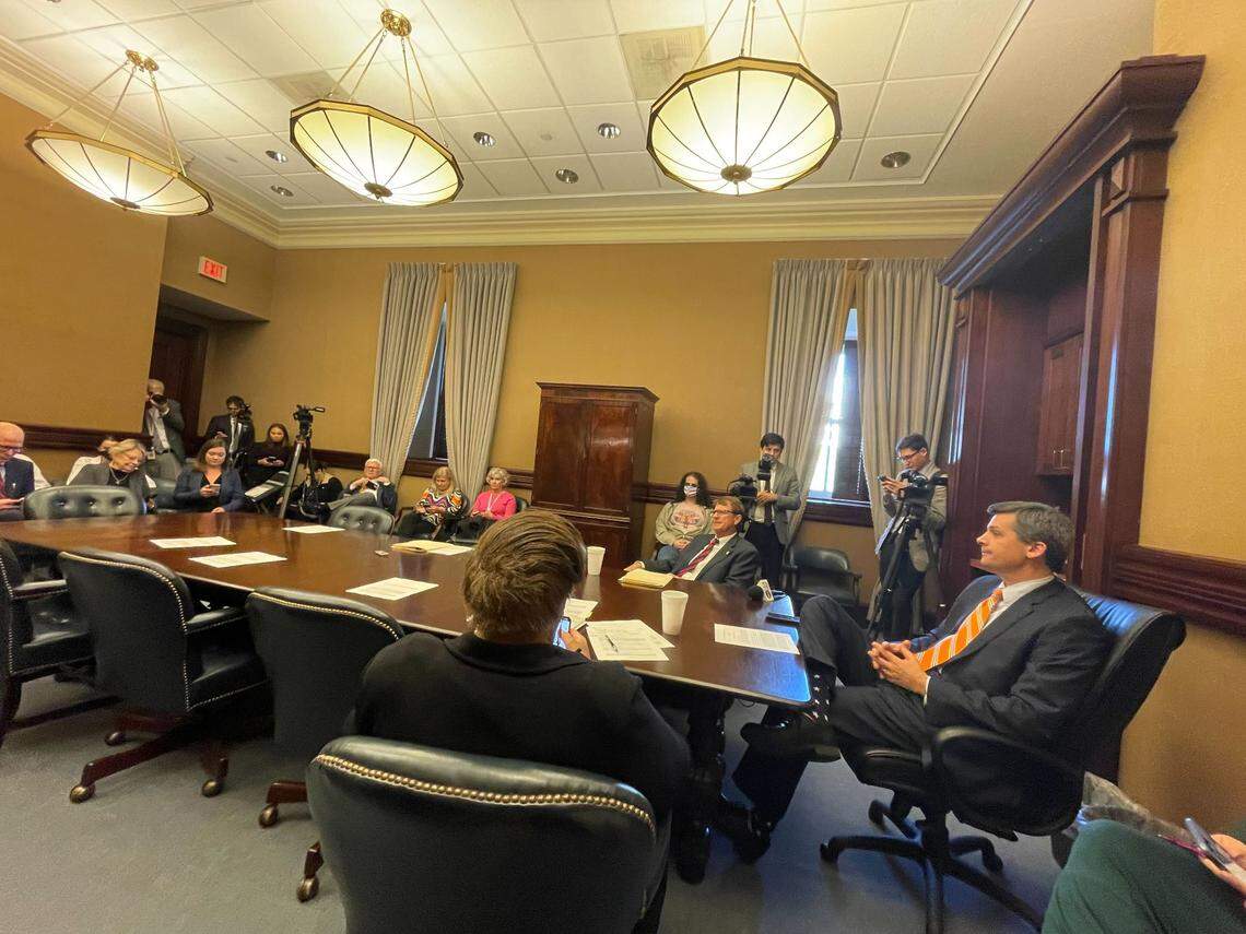 South Carolina Sens. Margie Bright Matthes, D-Colleton; Sen. Richard Cash, R-Anderson; and Senate Majority Leader Shane Massey, R-Edgefield, sit in a conference committee hearing without House conferees on Wednesday, Nov. 9, 2022.