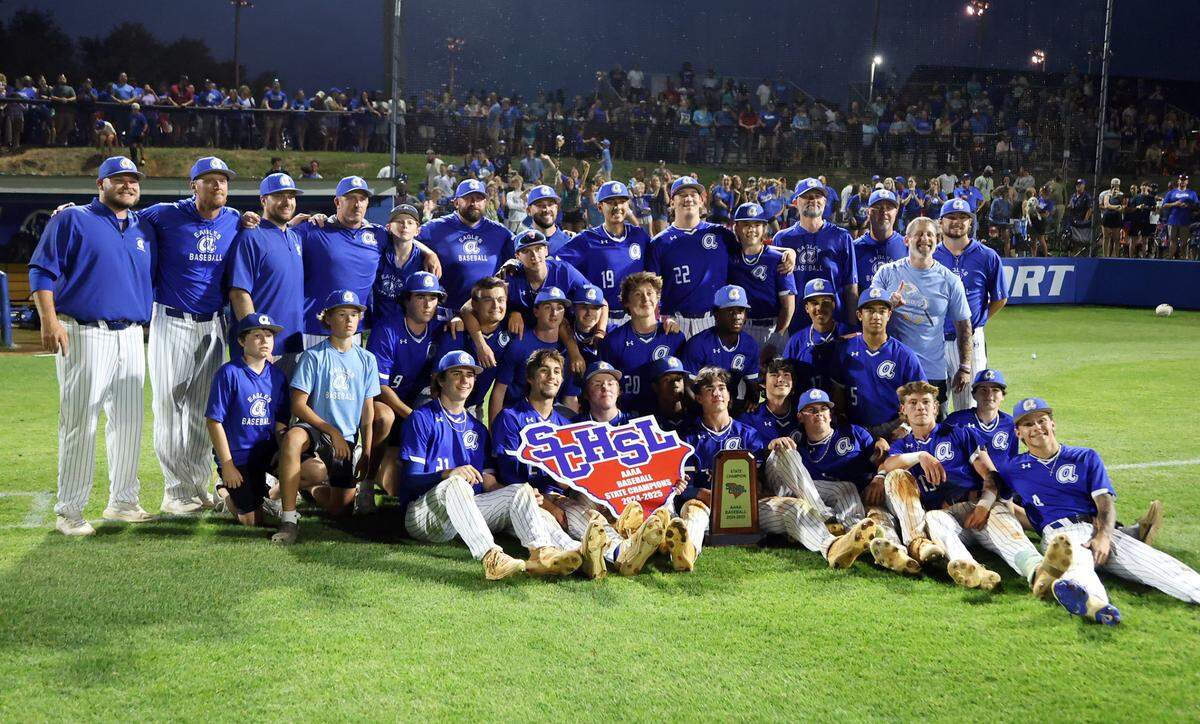 Airport High School’s baseball team celebrates its Class 4A state championship series win over Seneca High on May 31, 2025.