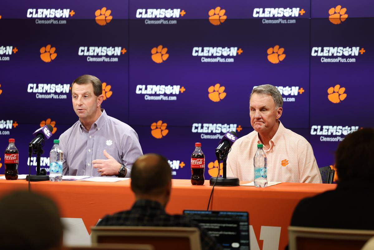 Clemson head coach Dabo Swinney and offensive coordinator Chad Morris speak during a press conference in Clemson on Friday, January 23, 2026.