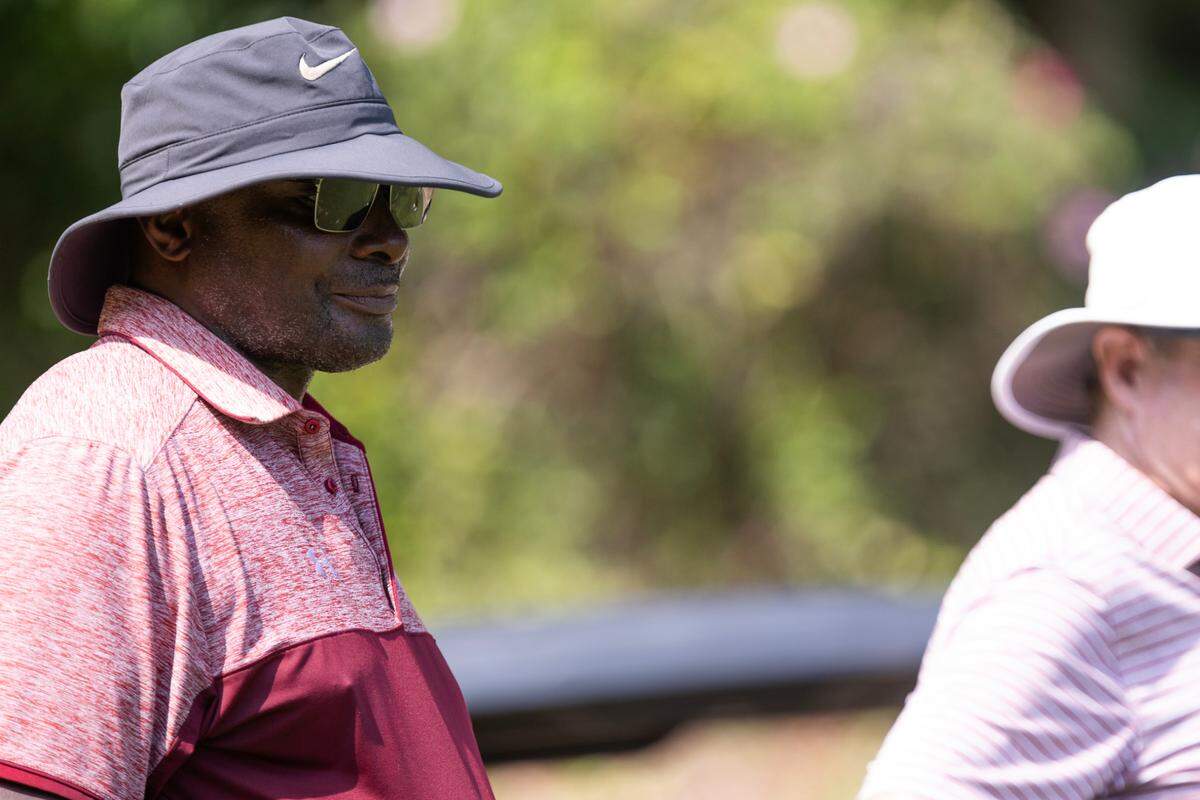 Sterling Sharpe plays golf during the Birdies with Beamer event at Cobblestone Park Golf Club on Wednesday, July 26, 2023.