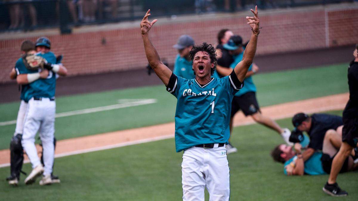 Coastal Carolina Chanticleer’s Sebastian Alexander (1) celebrates the win over Auburn in game two of the NCAA Baseball Super Regional at Plainsman Park in Auburn, Ala., on Friday June 6, 2025.
