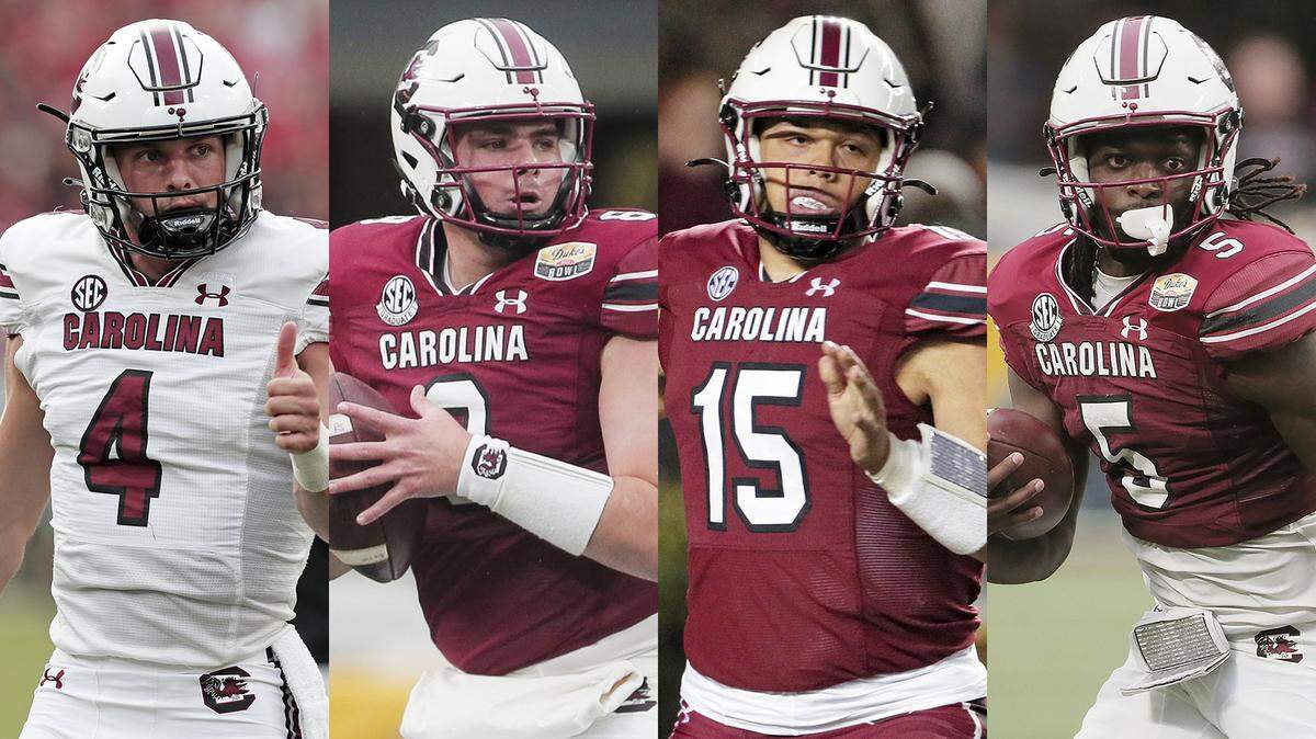 South Carolina’s starting QBs in the 2021 season were, from left, Luke Doty, Zeb Noland, Jason Brown and Dakereon Joyner.