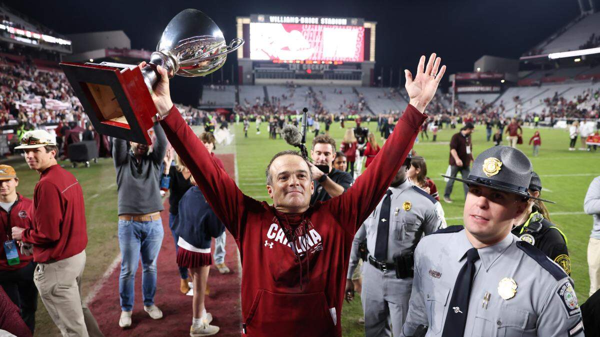 South Carolina head coach Shane Beamer celebrates after the Gamecocks’ win over Missouri at Williams-Brice Stadium in Columbia on Saturday, November 16, 2024.
