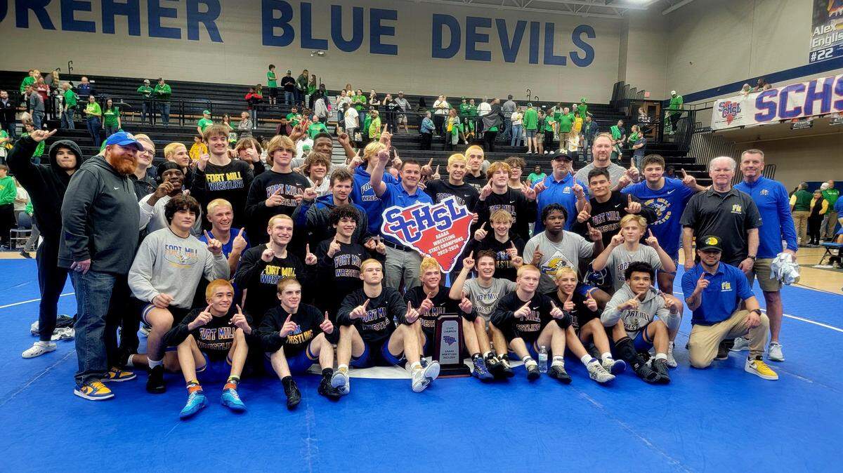 Fort Mill wins its second straight Class 5A wrestling championship on Saturday, Feb. 10, 2024, at Dreher High School in Columbia, SC.