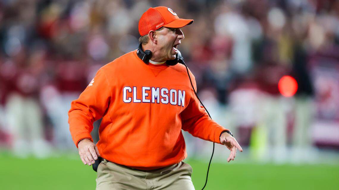 Nov 25, 2023; Columbia, South Carolina, USA; Clemson Tigers head coach Dabo Swinney directs his team against the South Carolina Gamecocks in the first quarter at Williams-Brice Stadium.