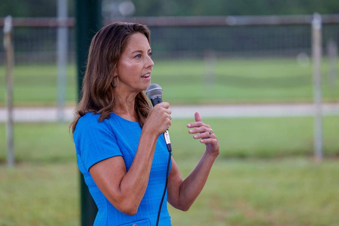 Democratic gubernatorial for Lieutenant Governor, Tally Casey, speaks to supporters at the Hunter Gatherer Brewery during a campaign stop on Thursday, Aug. 25, 2022.