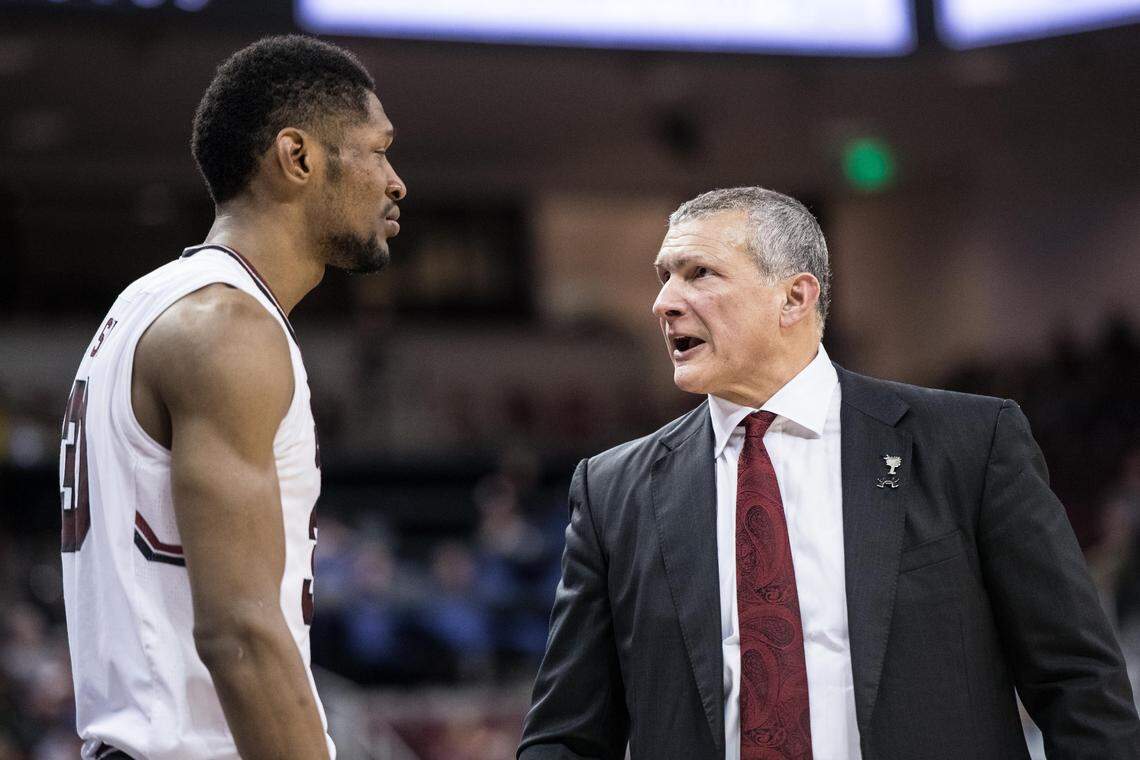 South Carolina head coach Frank Martin talks with Chris Silva against Mississippi at Colonial Life Arena Feb. 19, 2019, in Columbia, S.C. South Carolina defeated Mississippi 79-64.