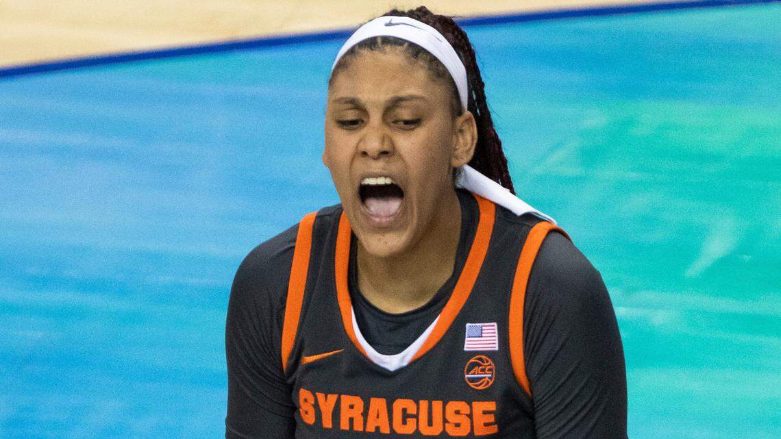 Syracuse’s Kamilla Cardoso (14) reacts to a play during the semifinals of Atlantic Coast Conference NCAA women’s college basketball game in Greensboro, N.C., Saturday, March 6, 2021. (AP Photo/Ben McKeown)