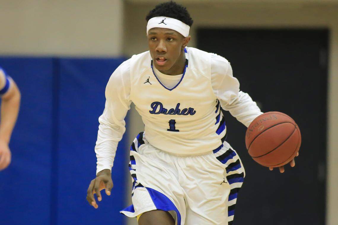 From 2015: Tevin Mack dribbles the ball up court for Dreher High School
