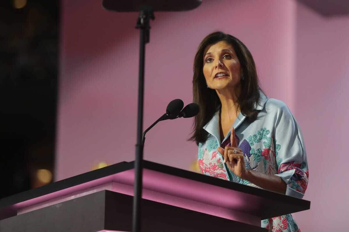 Nikki Haley, former South Carolina governor and ambassador to the United Nations, delivers remarks during the second day of the Republican National Convention at the Fiserv Forum. The second day of the RNC focused on crime and border policies.