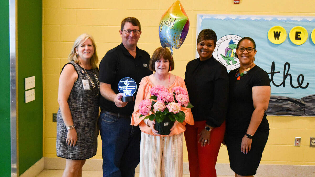 Left to right: Maria Owens, Richland Two Director of Strategic Partnerships; Jeff Williams, Lake Carolina Elementary School - Upper Campus principal; Marybeth Gawrys, Support Staff Person of the Year; Tracy Footman, Richland Two Executive Director of Elementary Schools; and Dr. Marshalynn Franklin, Richland Two Assistant Superintendent for Leadership and Administration.