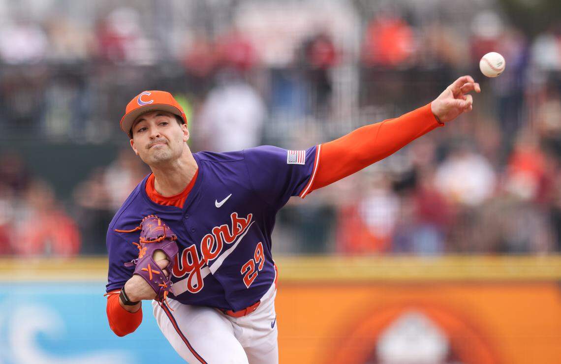Clemson pitcher Michael Sharman (29) pitches during South Carolina’s game against Clemson at Segra Park in Columbia on Saturday, February 28, 2026.