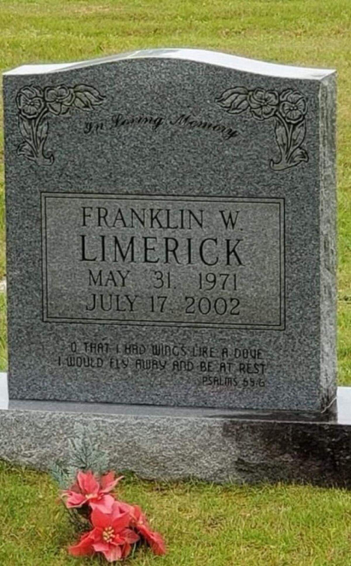 Flowers adorn the gravestone of Franklin Williams “Will” Limerick, who died on July 17, 2002 at 31 years old