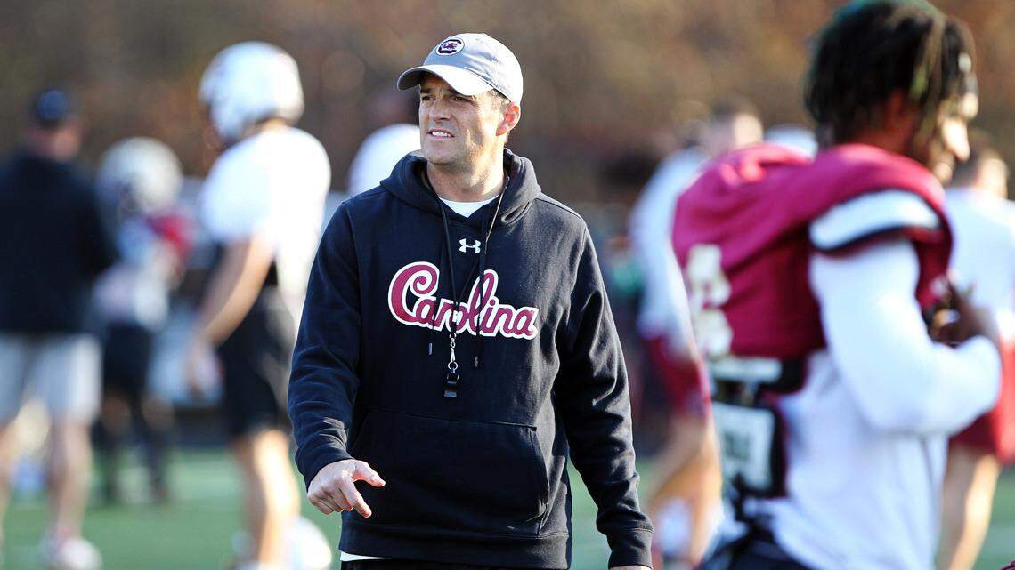 South Carolina coach Shane Beamer looks on Monday, Dec. 27, 2021, at the Gamecocks’ bowl practice at Charlotte Christian School.