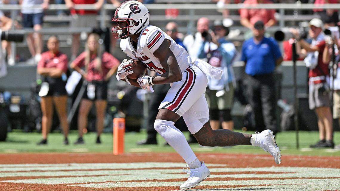 South Carolina’s Xavier Legette with the kickoff return from the end zone against Arkansas at Donald W. Reynolds Razorback Stadium in Fayetteville, Arkansas on Sept. 10, 2022.