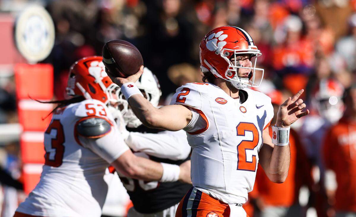 Clemson quarterback Cade Klubnik (2) makes a pass during the second half of South Carolina’s game against Clemson at Williams-Brice Stadium in Columbia on Saturday, November 29, 2025.